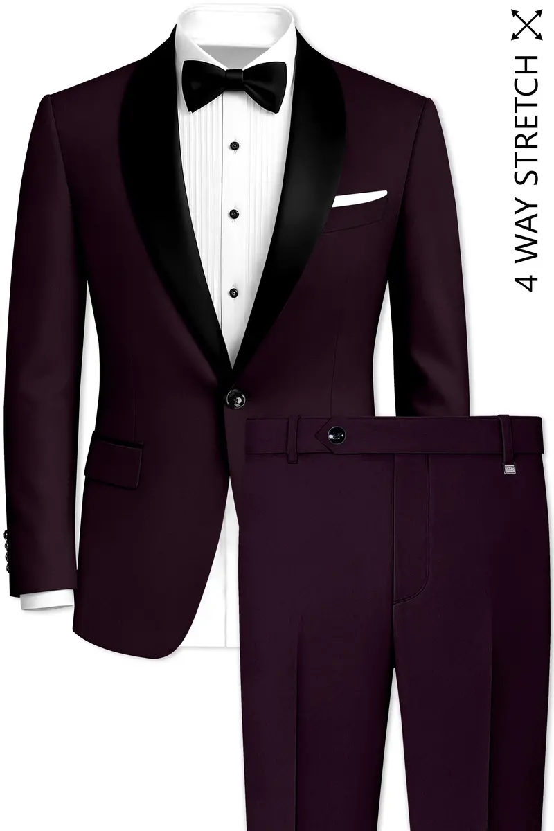 Marenzo-Korean Seal Maroon 4-Way Stretch Wrinkle-Free Wool Rich Tuxedo Suit 2