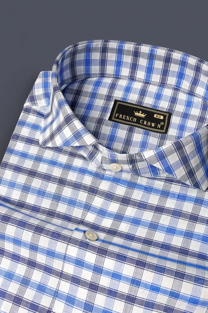Marguerite Blue And Bright White Checked Dobby Textured Premium Giza Cotton Shirt 1