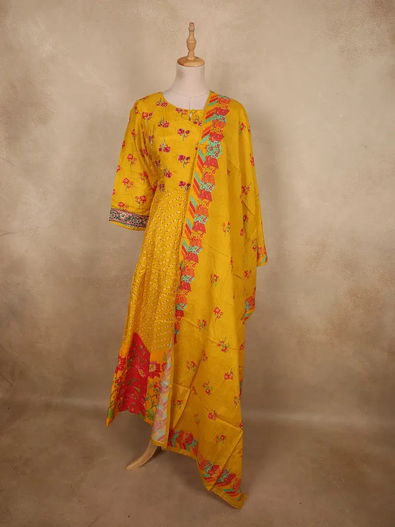 Marigold Mustard Yellow Floral Printed Design Cotton Salwar Suit With Dupatta 1