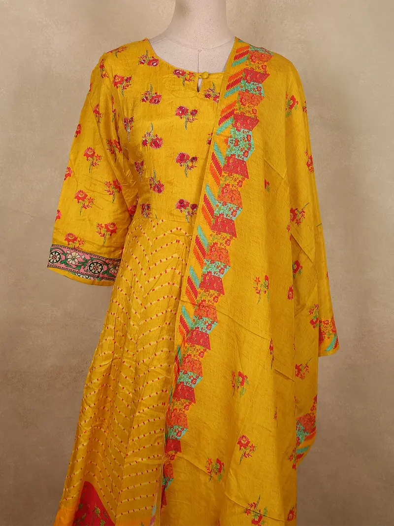Marigold Mustard Yellow Floral Printed Design Cotton Salwar Suit With Dupatta 2