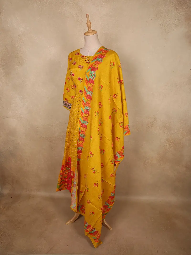 Marigold Mustard Yellow Floral Printed Design Cotton Salwar Suit With Dupatta 3