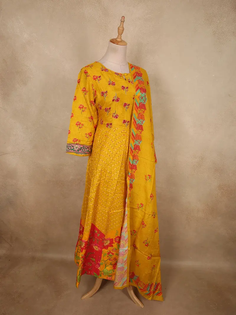 Marigold Mustard Yellow Floral Printed Design Cotton Salwar Suit With Dupatta 4