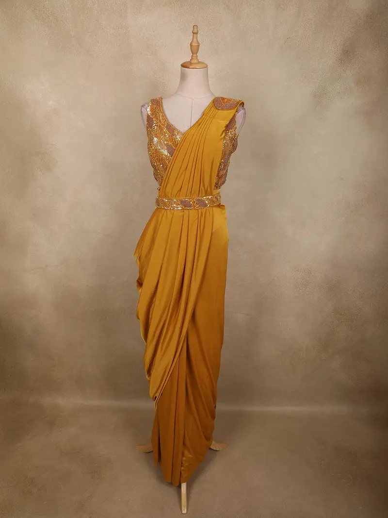 Marigold Mustard Yellow Sequins And Beads Embroidered Design Satin Ready To Wear Saree With Designer Blouse And Belt 1