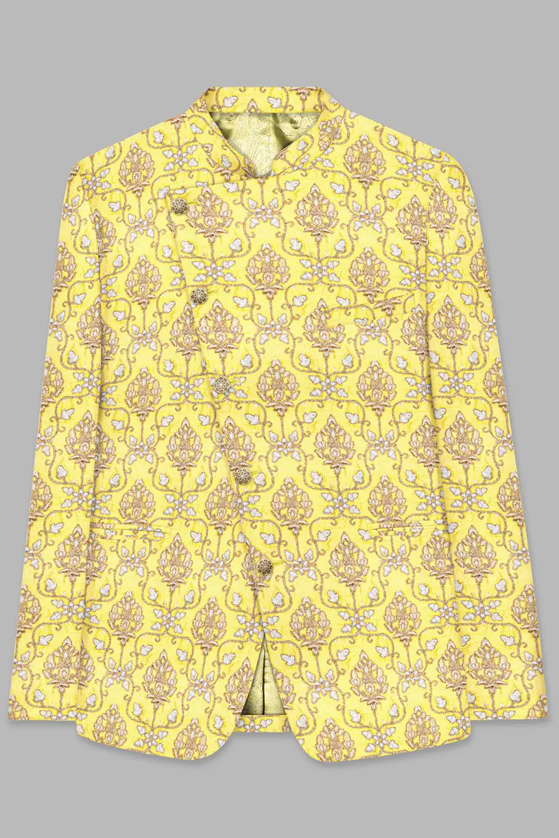Marigold Yellow And Quicksand Brown Thread Embroidered Cross Placket Bandhgala Jodhpuri 2