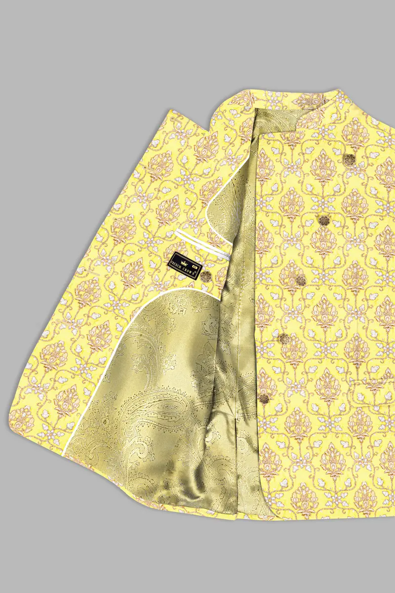 Marigold Yellow And Quicksand Brown Thread Embroidered Cross Placket Bandhgala Jodhpuri 4