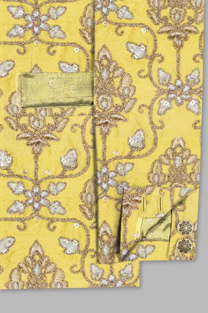 Marigold Yellow And Quicksand Brown Thread Embroidered Cross Placket Bandhgala Jodhpuri 5