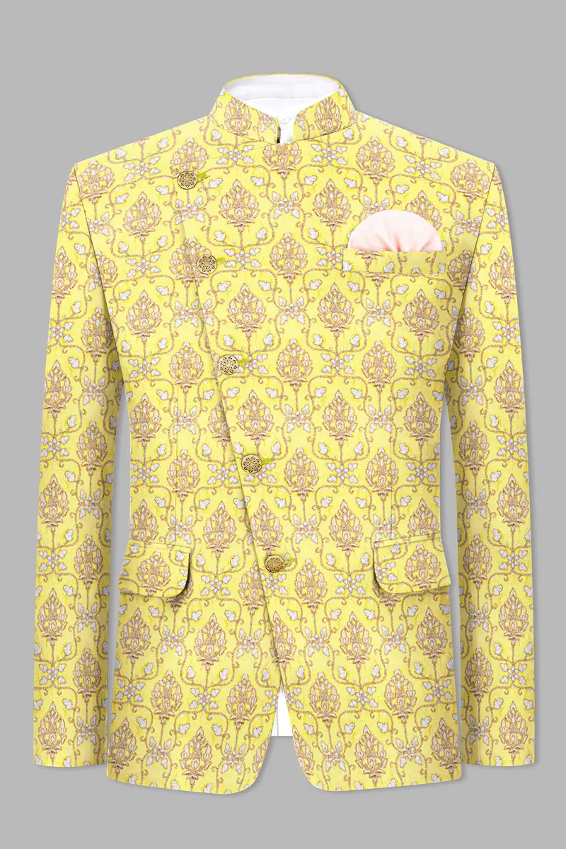 Marigold Yellow And Quicksand Brown Thread Embroidered Cross Placket Bandhgala Jodhpuri 6