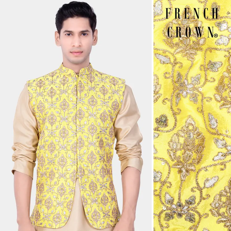 Marigold Yellow And Quicksand Brown Thread Embroidered Nehru Jacket 1