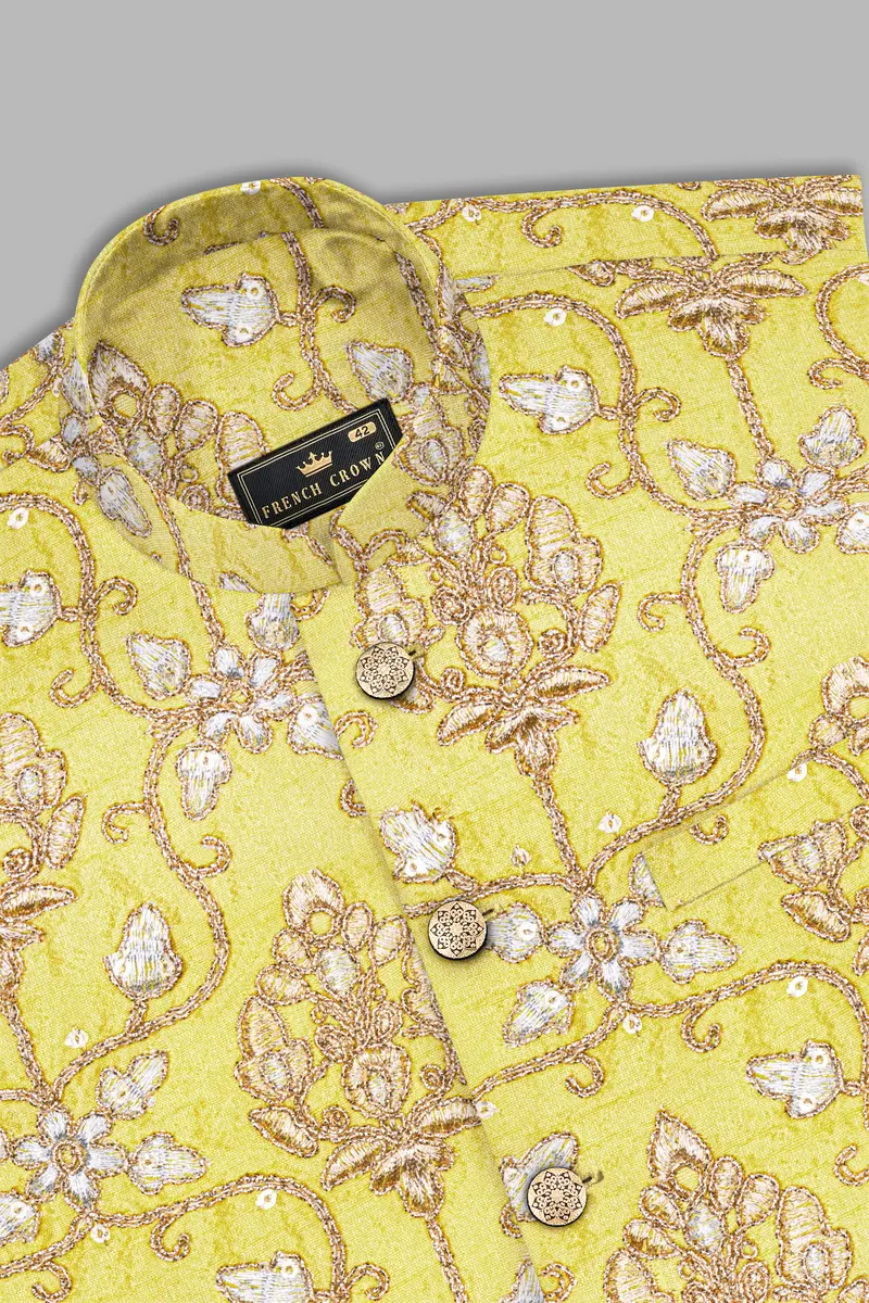 Marigold Yellow And Quicksand Brown Thread Embroidered Nehru Jacket 10