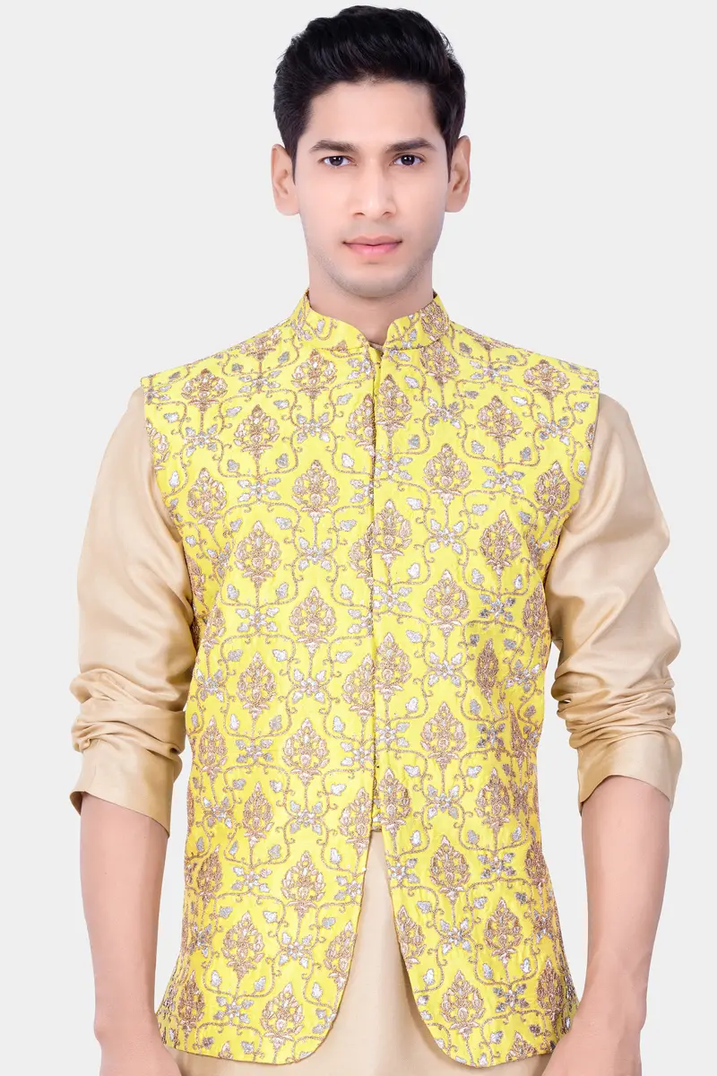 Marigold Yellow And Quicksand Brown Thread Embroidered Nehru Jacket 2