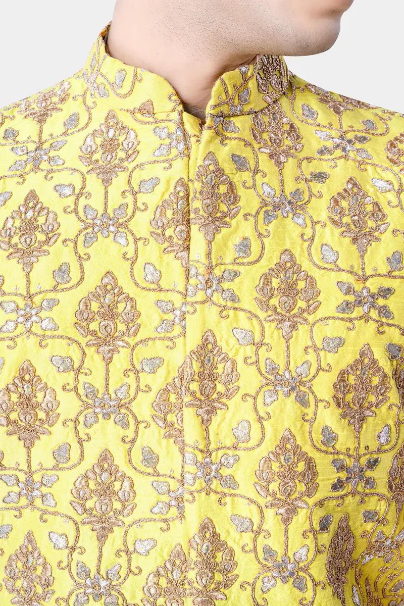 Marigold Yellow And Quicksand Brown Thread Embroidered Nehru Jacket 4