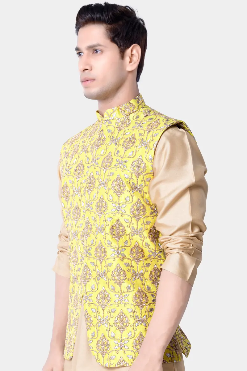 Marigold Yellow And Quicksand Brown Thread Embroidered Nehru Jacket 5