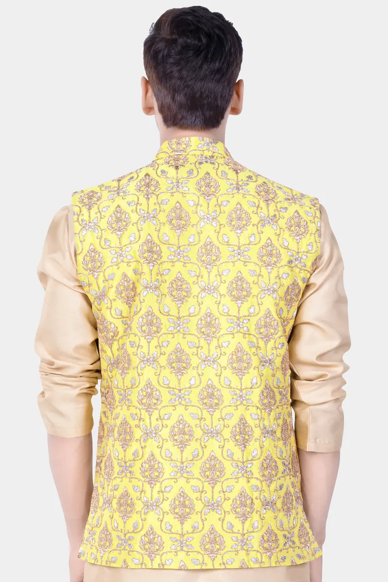 Marigold Yellow And Quicksand Brown Thread Embroidered Nehru Jacket 6