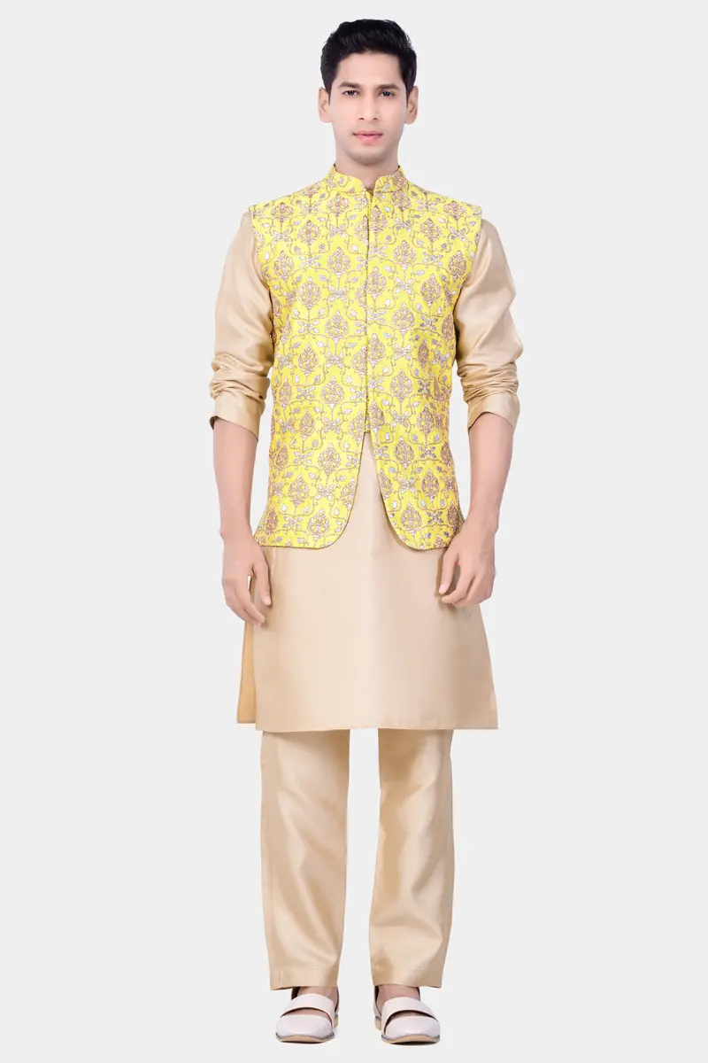 Marigold Yellow And Quicksand Brown Thread Embroidered Nehru Jacket 7