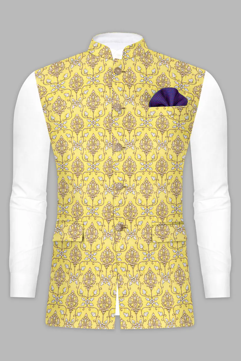 Marigold Yellow And Quicksand Brown Thread Embroidered Nehru Jacket 8