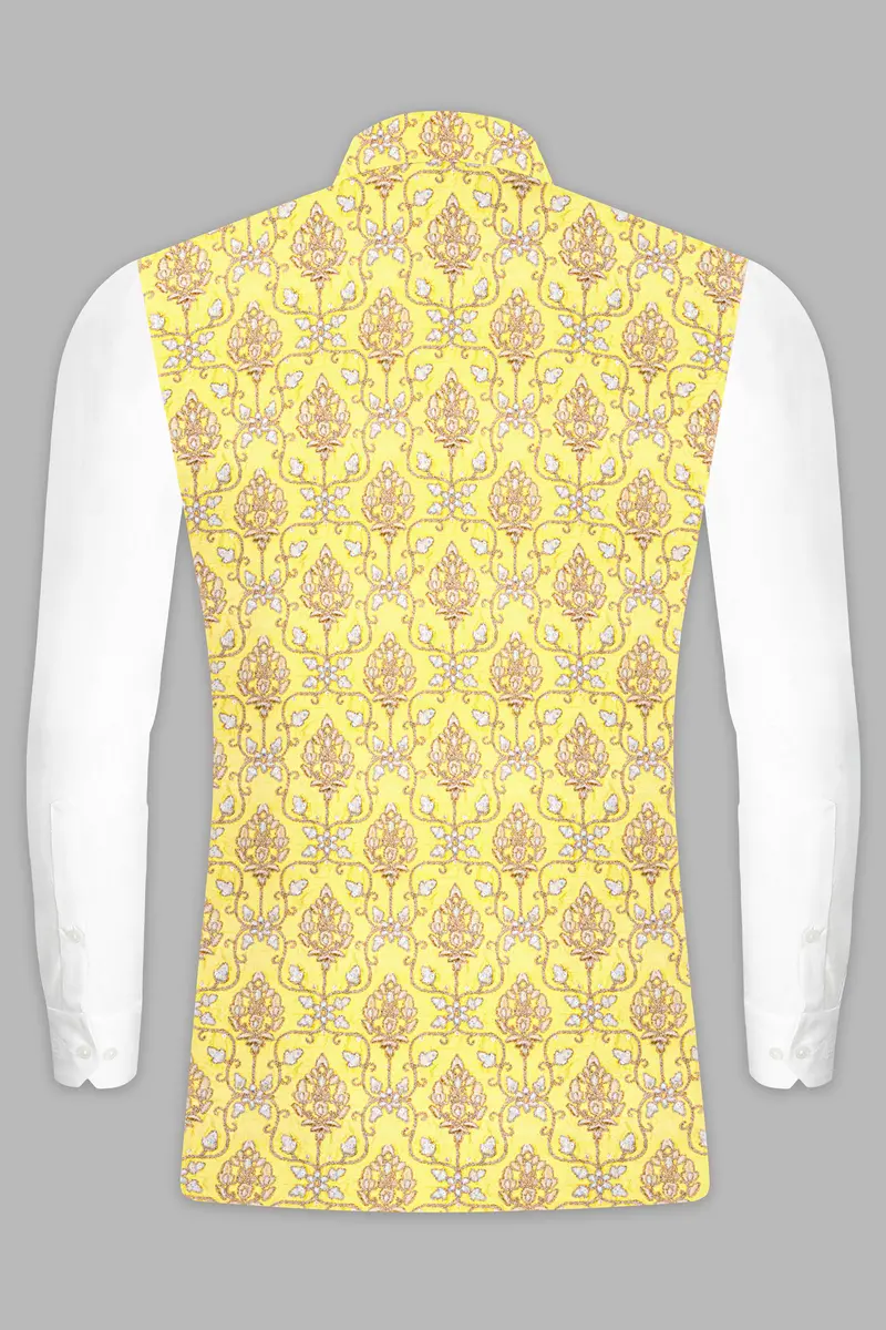 Marigold Yellow And Quicksand Brown Thread Embroidered Nehru Jacket 9