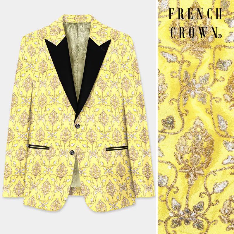 Marigold Yellow And Quicksand Brown Thread Embroidered Peak Lapel Tuxedo Blazer 1