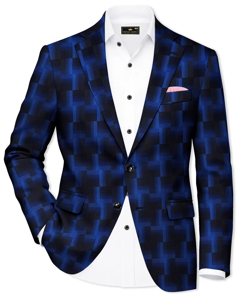 Marine Blue And Black Geometric Pattern Wool Rich Blazer 1
