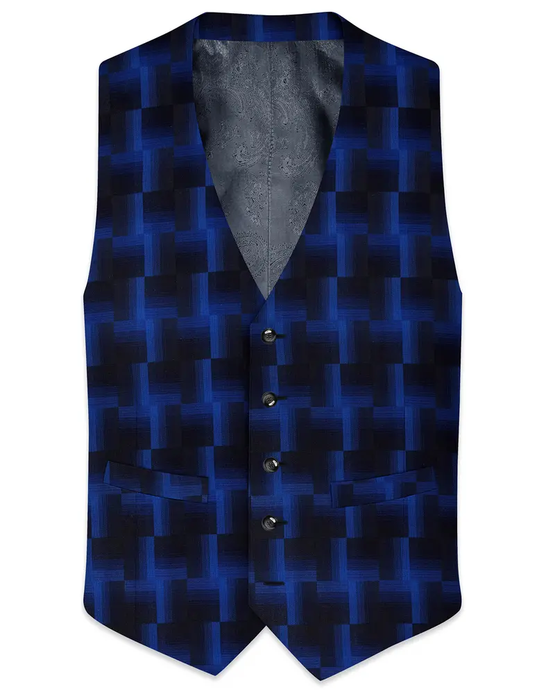 Marine Blue And Black Geometric Pattern Wool Rich Waistcoat 1