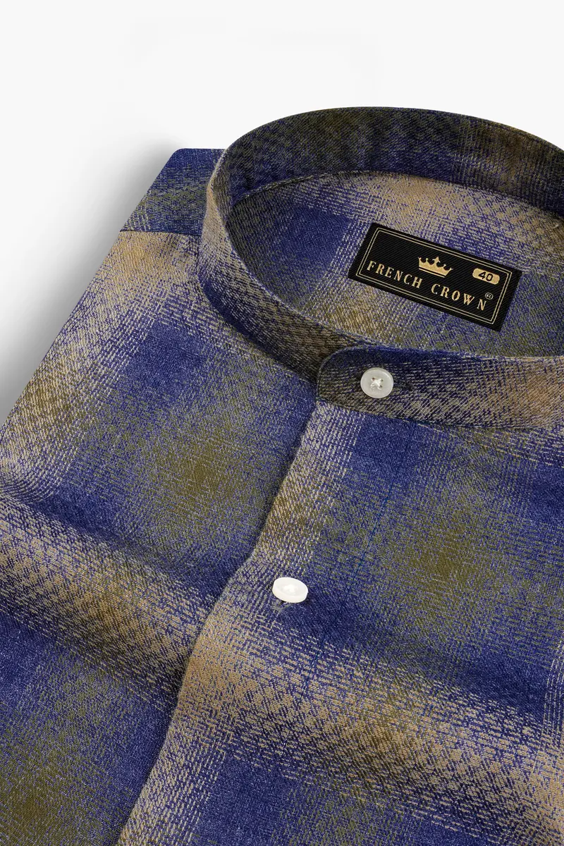 Marine Blue And Fawn Brown Twill Premium Cotton Shirt 1