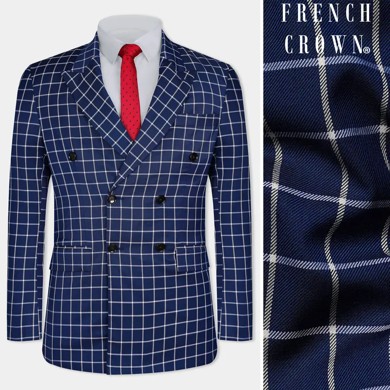 Marine Blue And White Windowpane Wool Rich Double Breasted Blazer 1
