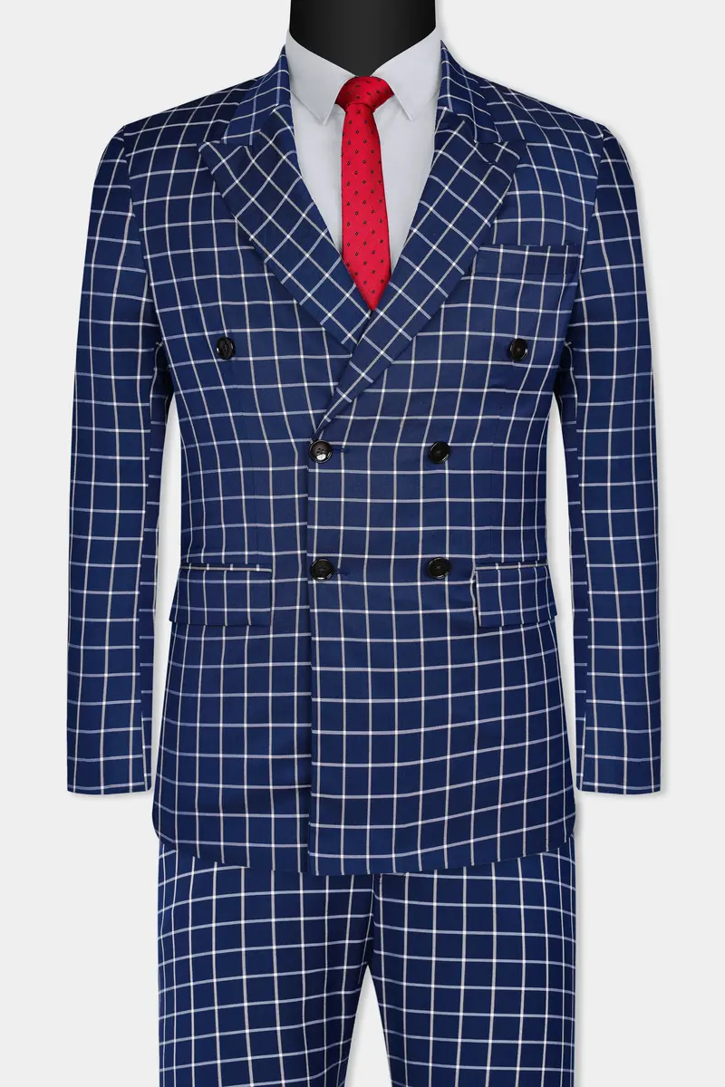 Marine Blue And White Windowpane Wool Rich Double Breasted Suit 11