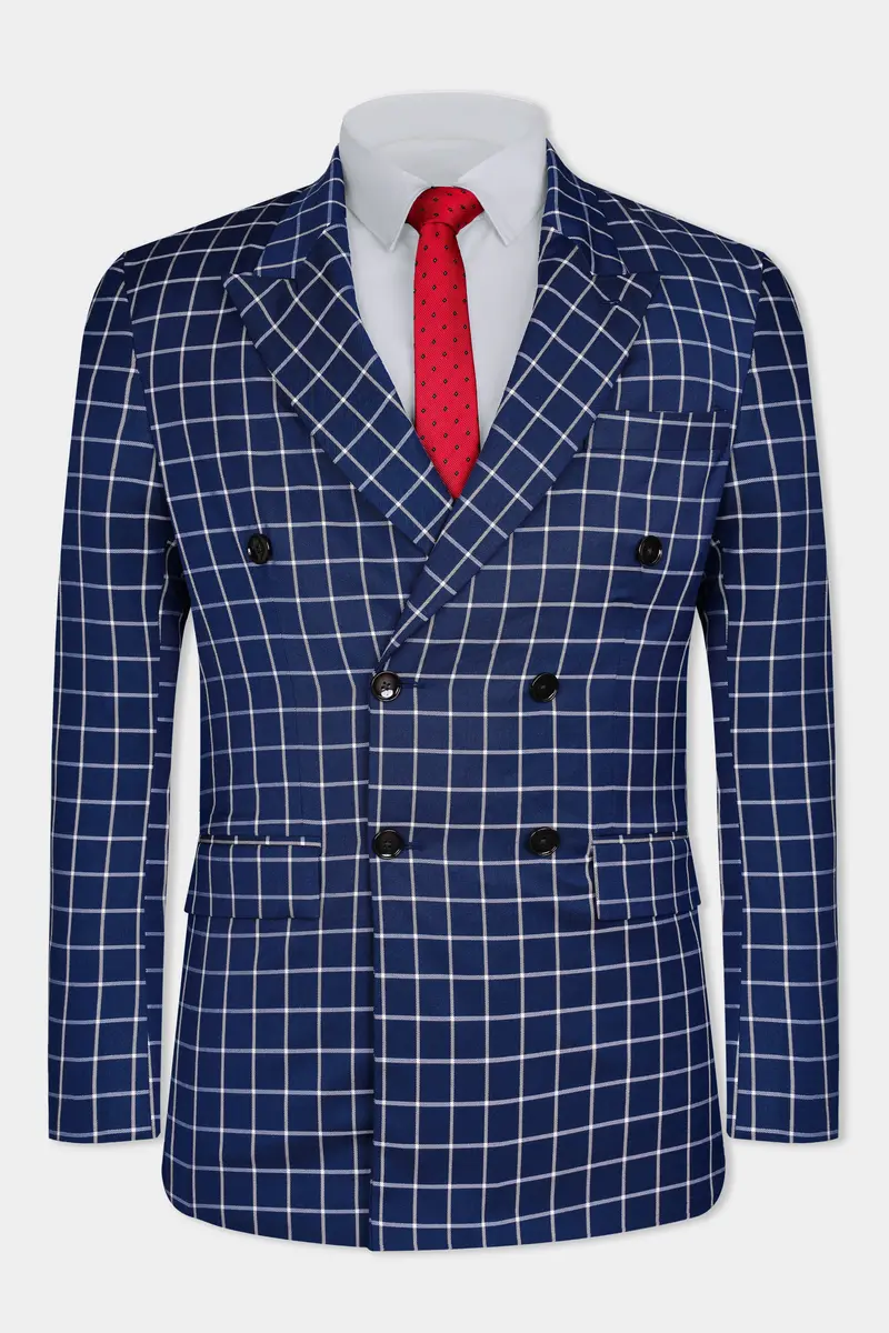 Marine Blue And White Windowpane Wool Rich Double Breasted Suit 12