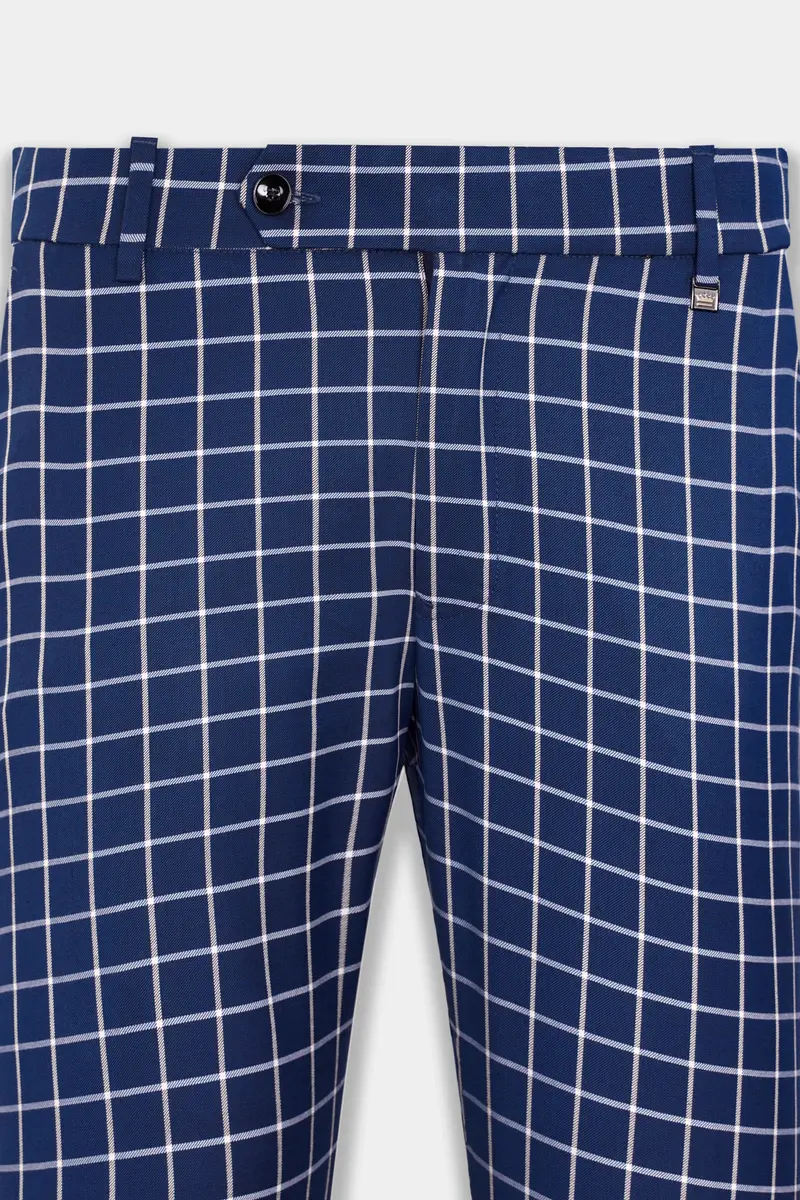 Marine Blue And White Windowpane Wool Rich Double Breasted Suit 13