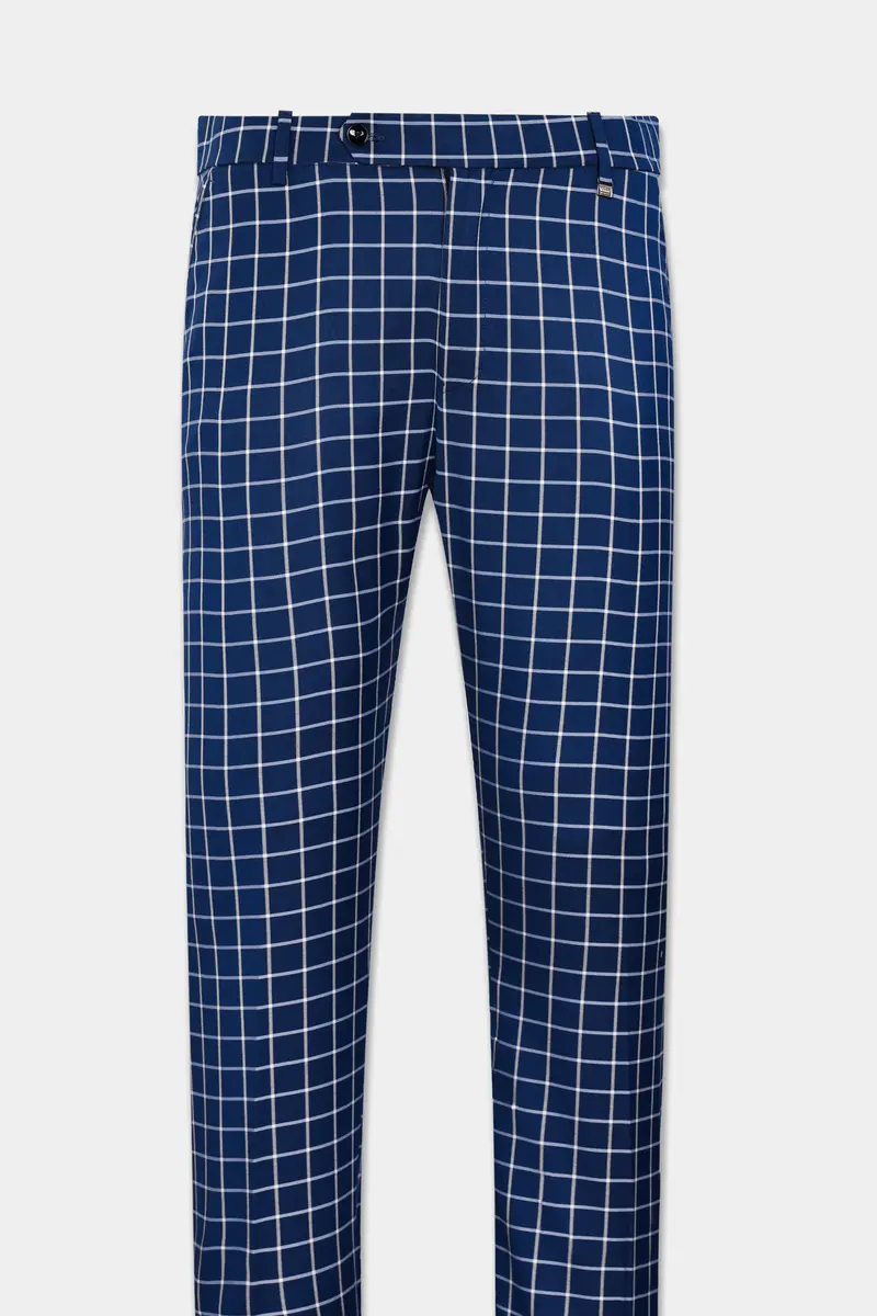 Marine Blue And White Windowpane Wool Rich Double Breasted Suit 15