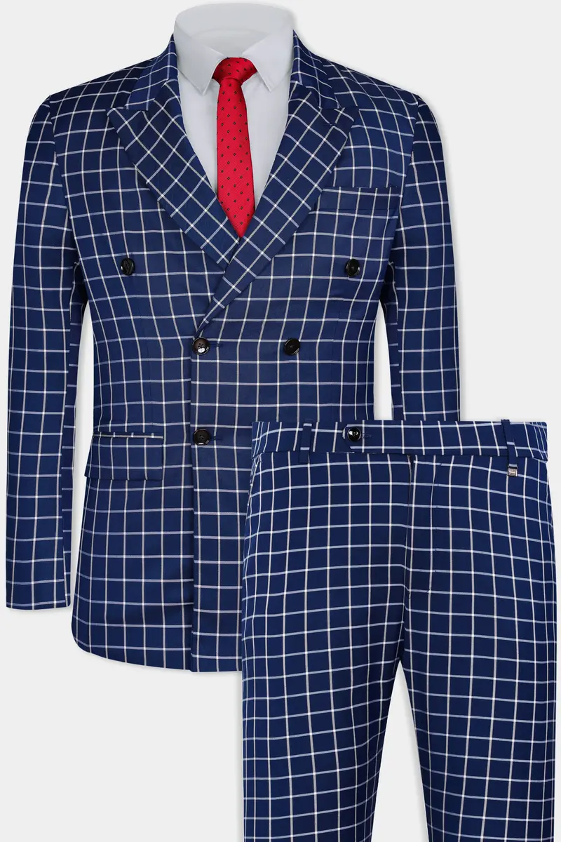Marine Blue And White Windowpane Wool Rich Double Breasted Suit 2