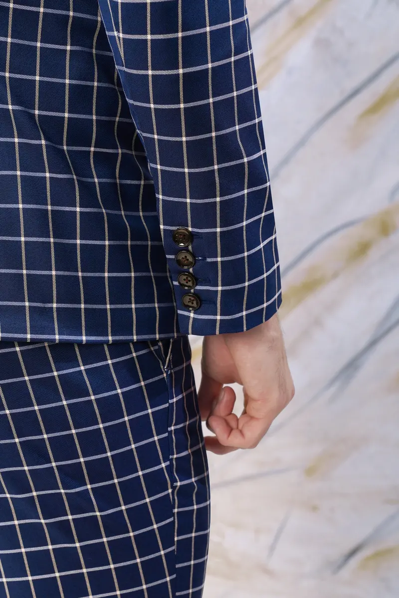 Marine Blue And White Windowpane Wool Rich Double Breasted Suit 4