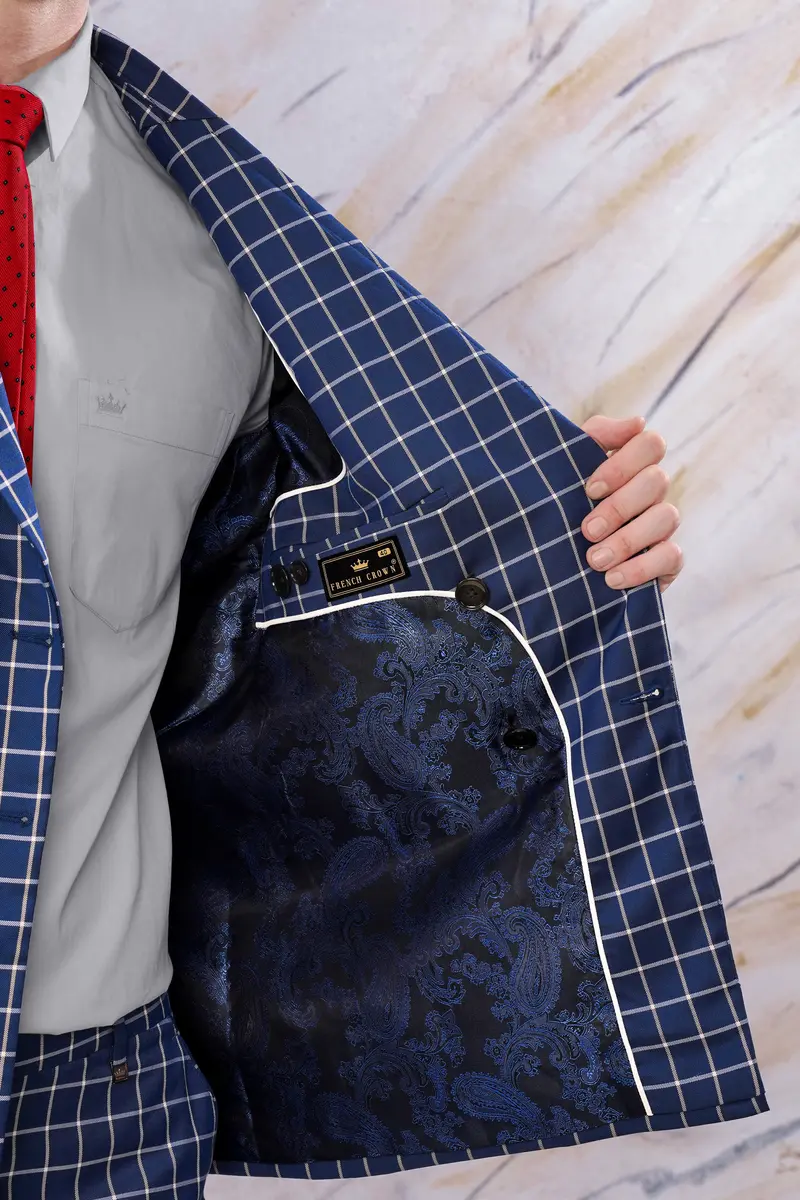 Marine Blue And White Windowpane Wool Rich Double Breasted Suit 5