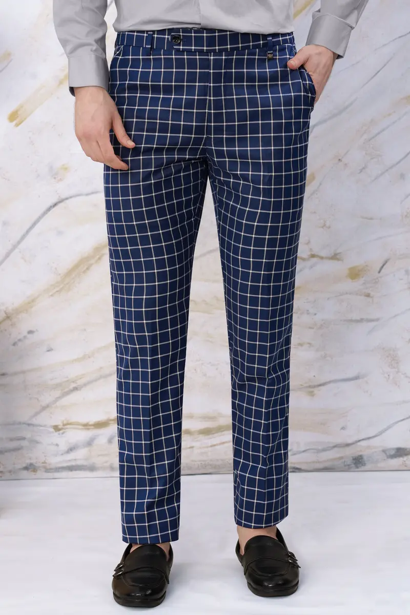 Marine Blue And White Windowpane Wool Rich Double Breasted Suit 6