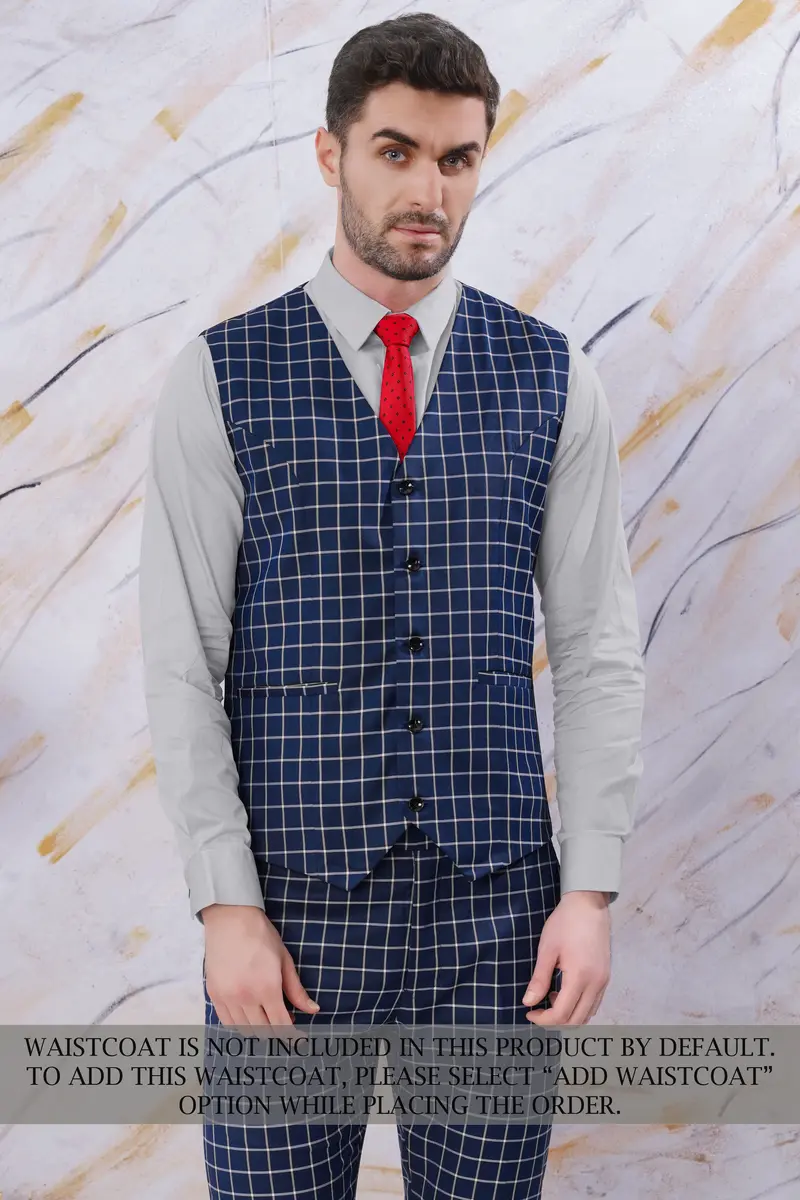 Marine Blue And White Windowpane Wool Rich Double Breasted Suit 9