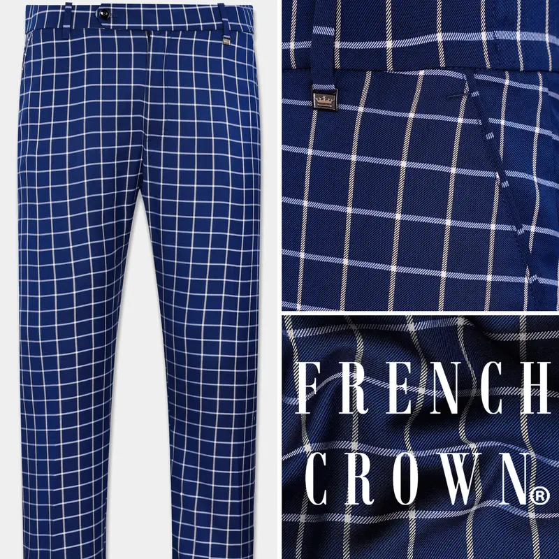 Marine Blue And White Windowpane Wool Rich Stretchable Waistband Pant 1