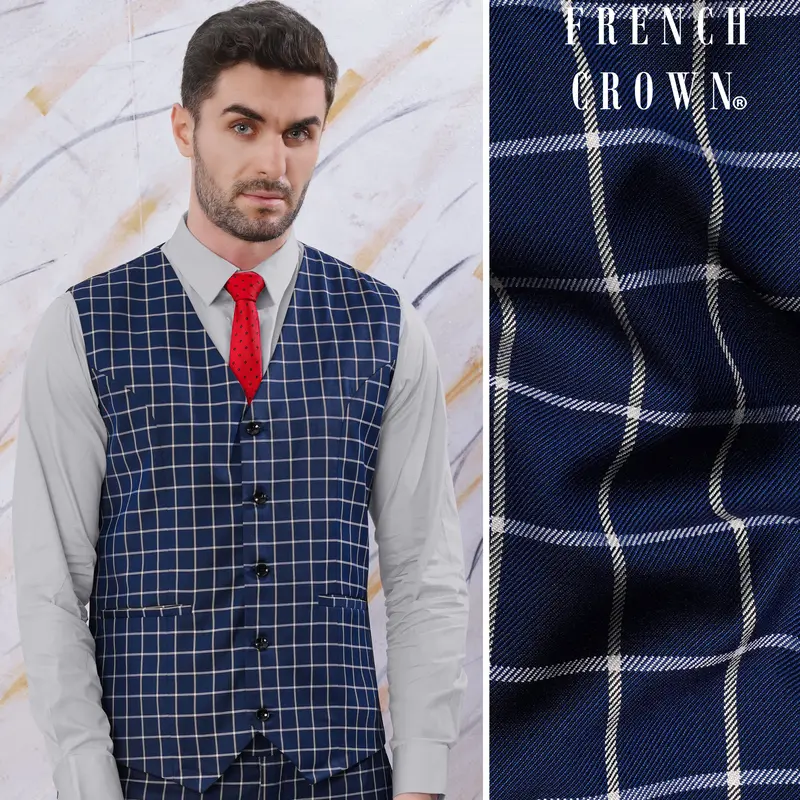Marine Blue And White Windowpane Wool Rich Waistcoat 1