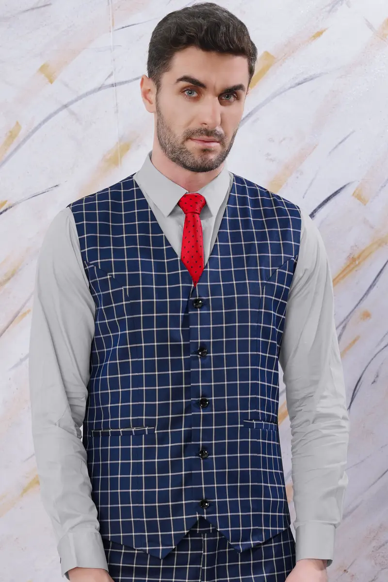 Marine Blue And White Windowpane Wool Rich Waistcoat 2