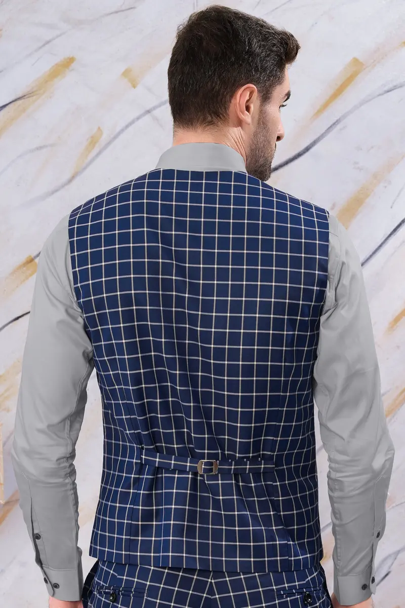 Marine Blue And White Windowpane Wool Rich Waistcoat 4