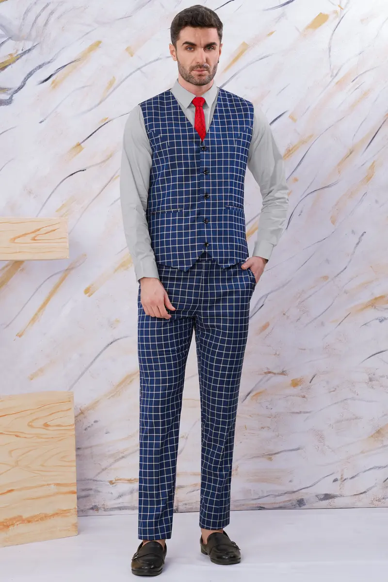 Marine Blue And White Windowpane Wool Rich Waistcoat 5