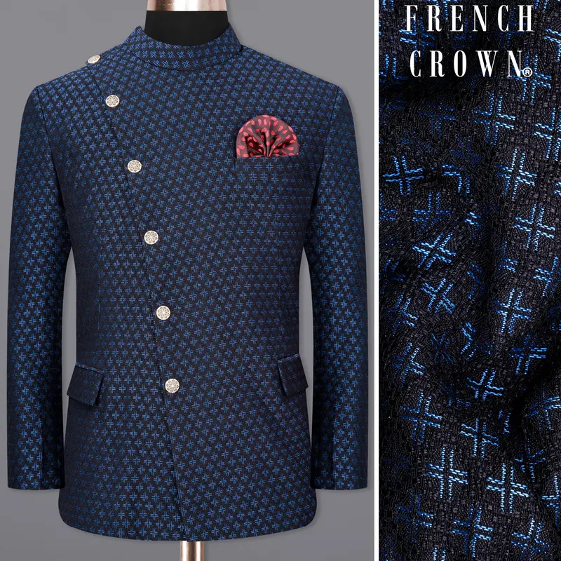 Mariner Blue And Jade Black Plus Sign Textured Cross Placket Bandhgala Designer Blazer 1