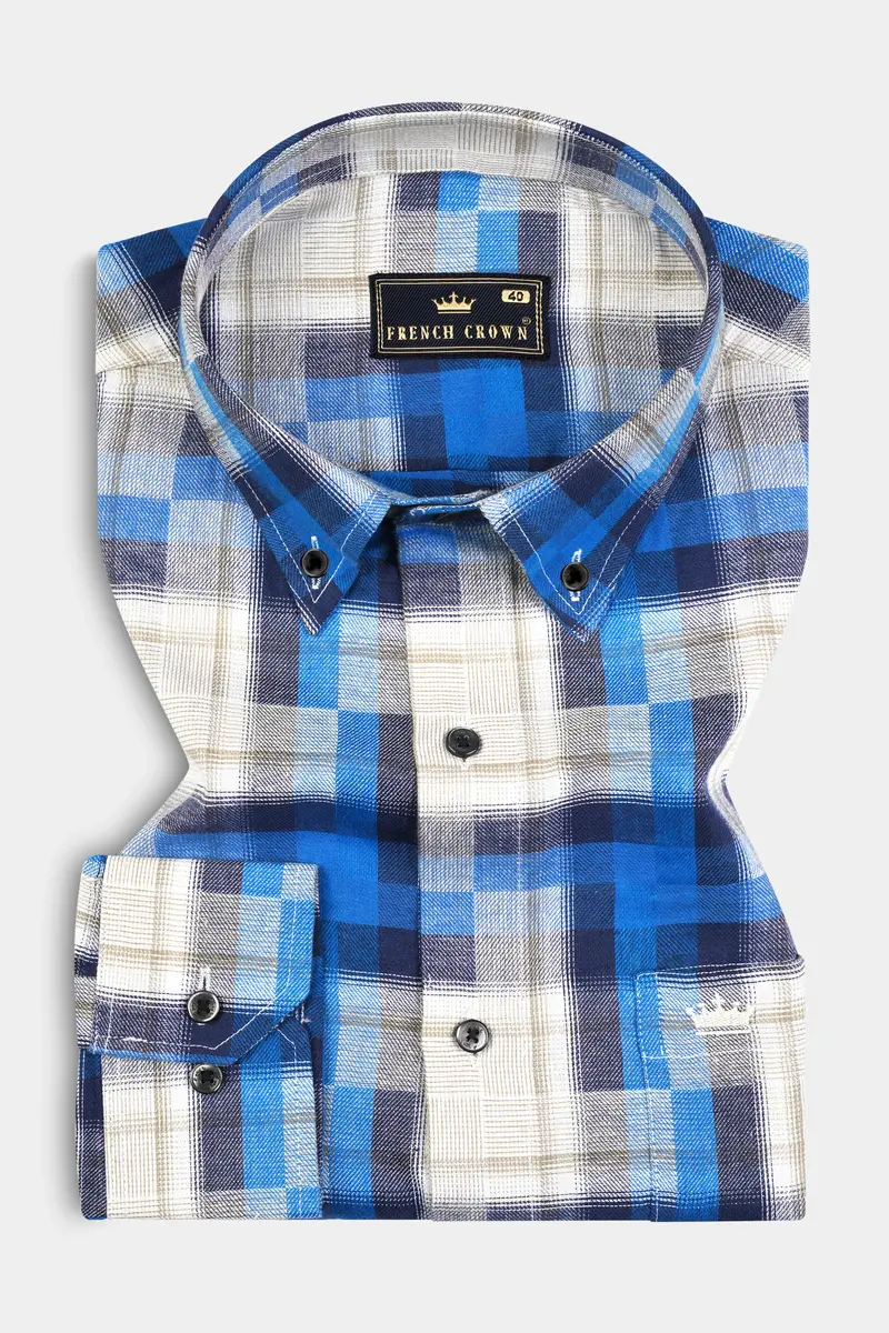 Mariner Blue And Pavlova Beige Twill Plaid Textured Premium Cotton Shirt 11