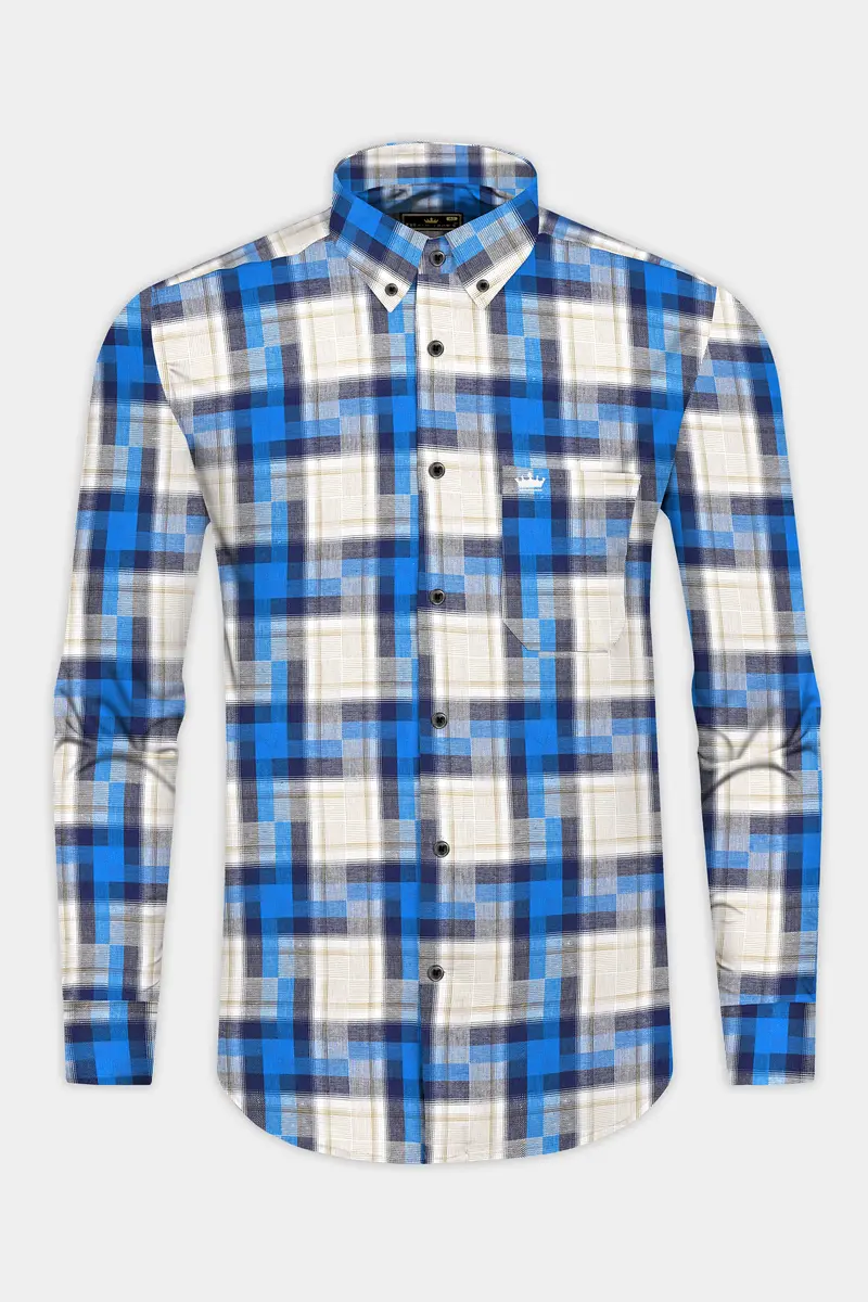 Mariner Blue And Pavlova Beige Twill Plaid Textured Premium Cotton Shirt 12