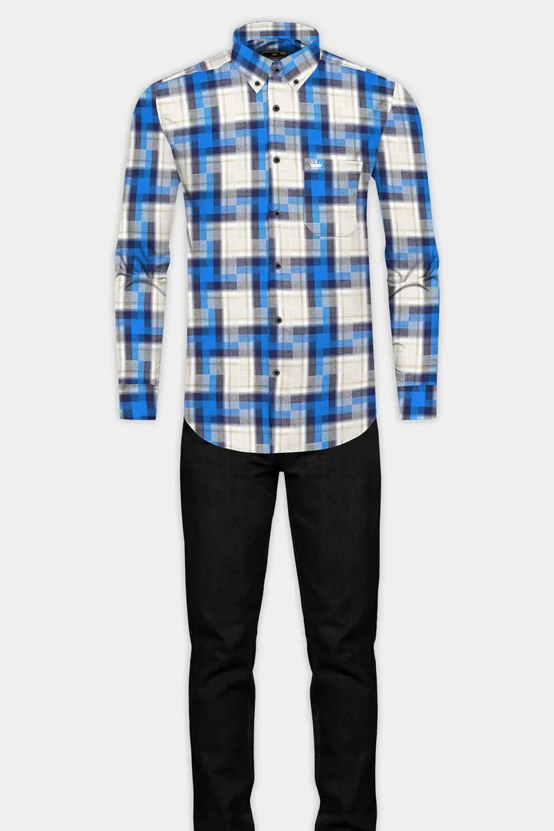 Mariner Blue And Pavlova Beige Twill Plaid Textured Premium Cotton Shirt 14