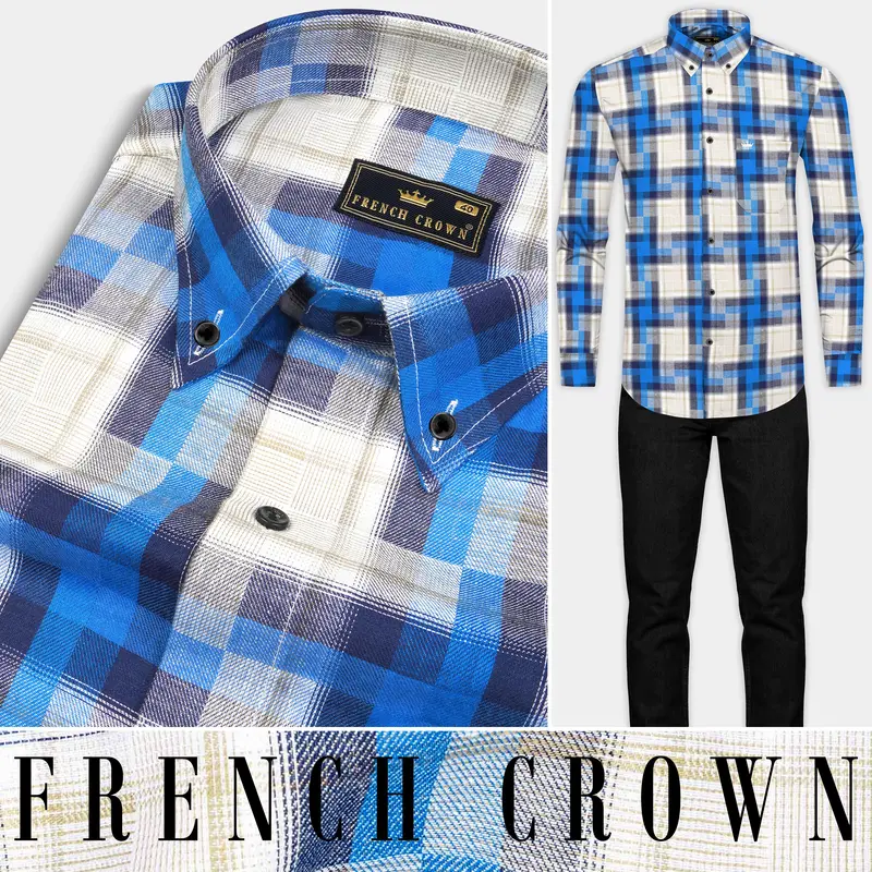 Mariner Blue And Pavlova Beige Twill Plaid Textured Premium Cotton Shirt 18