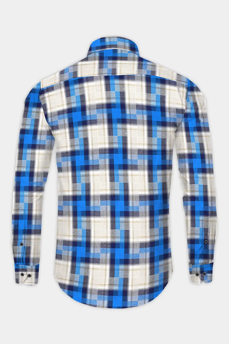 Mariner Blue And Pavlova Beige Twill Plaid Textured Premium Cotton Shirt 5