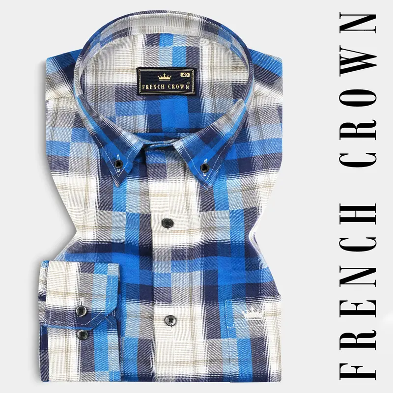 Mariner Blue And Pavlova Beige Twill Plaid Textured Premium Cotton Shirt 7