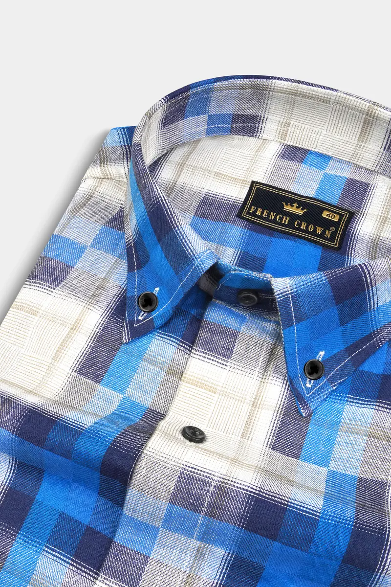 Mariner Blue And Pavlova Beige Twill Plaid Textured Premium Cotton Shirt 8