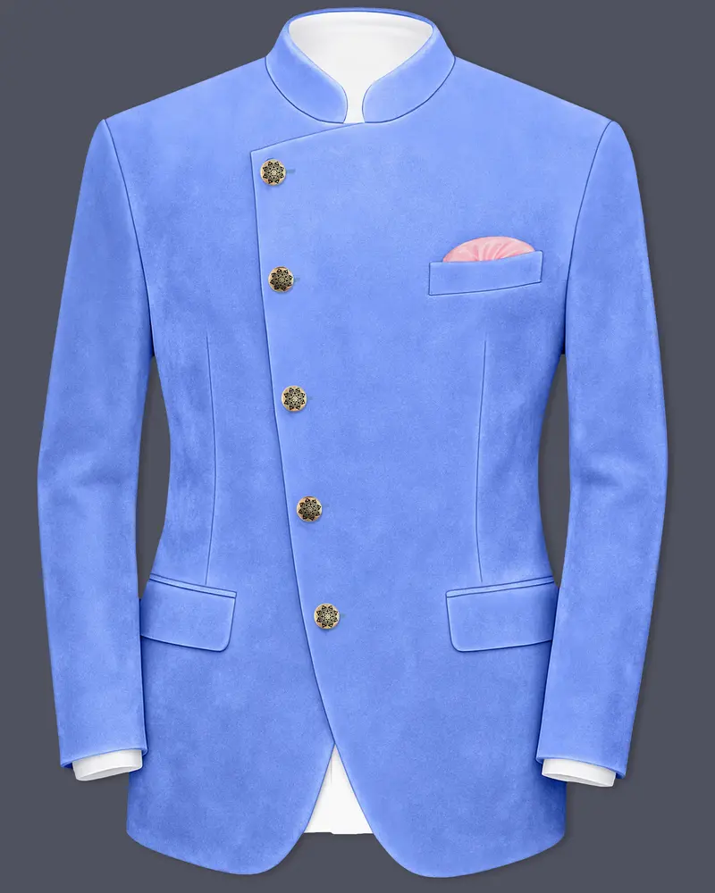 Mariner Blue Velvet Cross Placket Bandhgala Designer Blazer 1