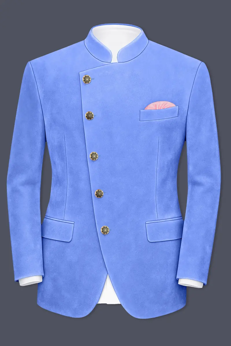 Mariner Blue Velvet Cross Placket Bandhgala Designer Blazer 2