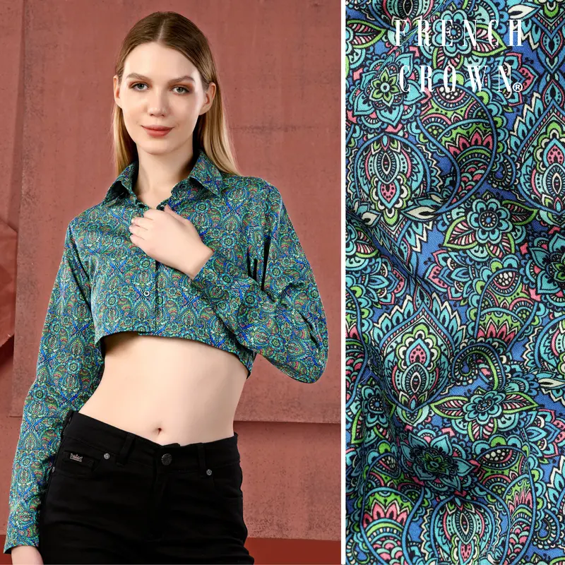Mariner Blue With Algae Green Paisley Printed Premium Cotton Crop Shirt 1